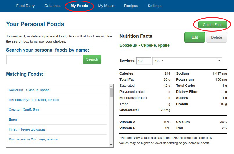 Създаване на храна в MyFitnessPal