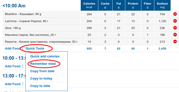 Запомняне на храни в MyFitnessPal